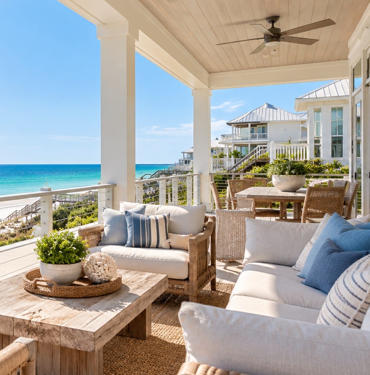 The covered porch of a Gulf-front home on 30A: white columns, a natural wood ceiling, cream and woven furniture, and the turquoise Gulf and white sand beyond the rail.
